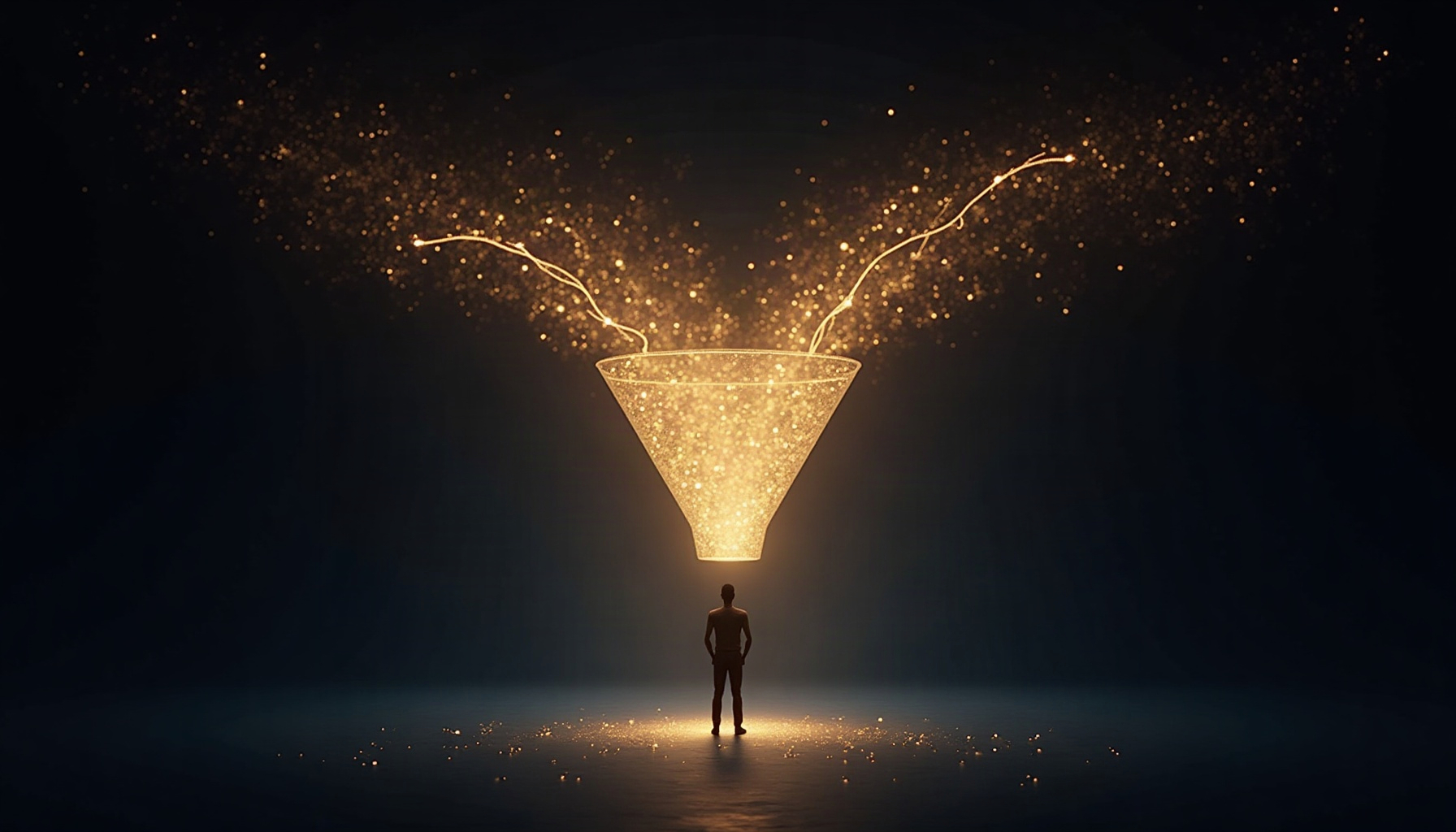 A funnel of light where AI models pour in code, contracts, and filings at the top, narrowing to a single human figure with a stamp and seal at the bottom. Verification as the scarcity