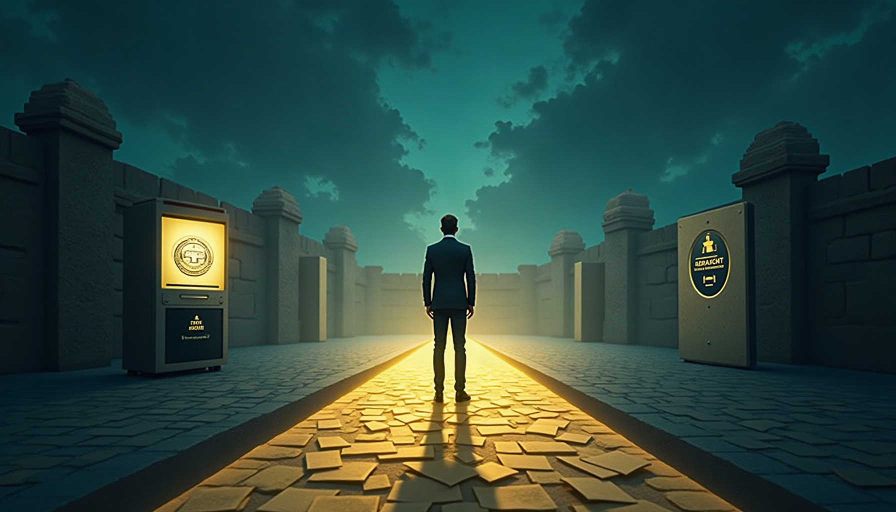 A business professional at a crossroads: one path leads to generic AI outputs flowing like paper, the other leads to a fortress wall where a figure signs and seals each document. The accountability gap models can't cross