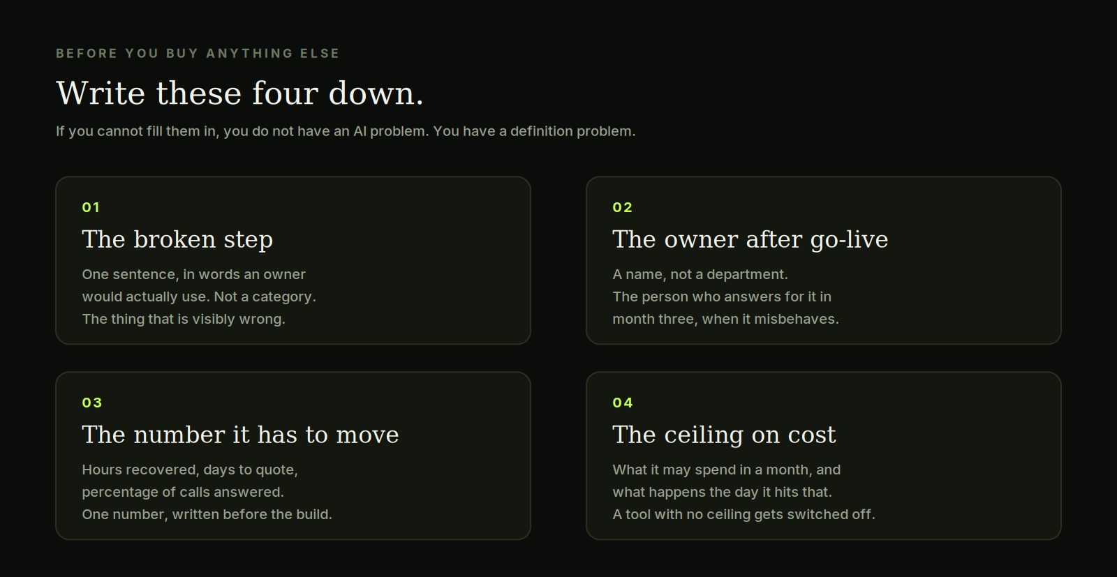 A dark diagram with four labelled cards: the broken step, the owner after go-live, the number it has to move, and the ceiling on cost.