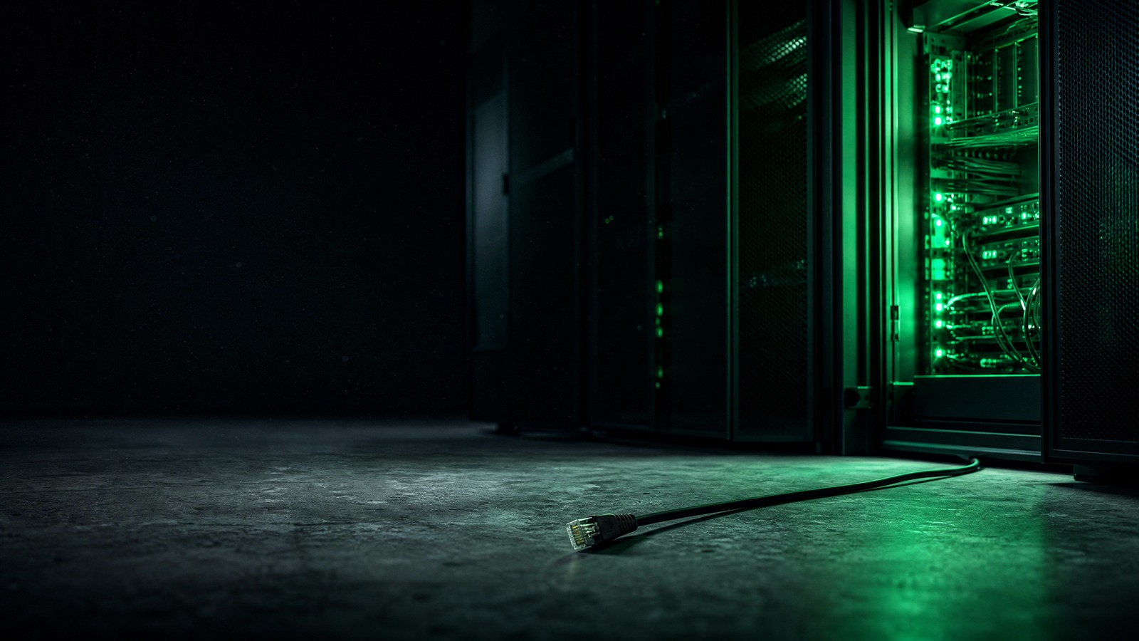 A dark server room at night with one rack lit green from the inside and a single network cable lying unplugged on the concrete floor in the foreground.