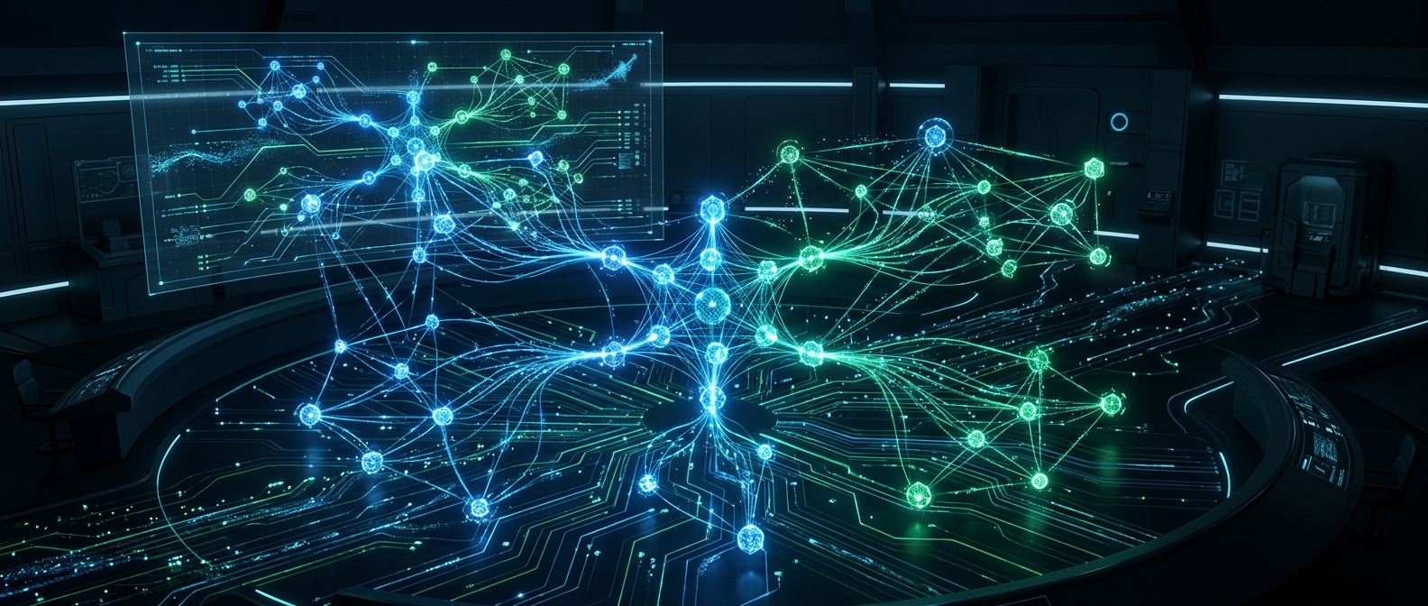 Interconnected AI agent architecture — specialized components with persistent memory and guardrails