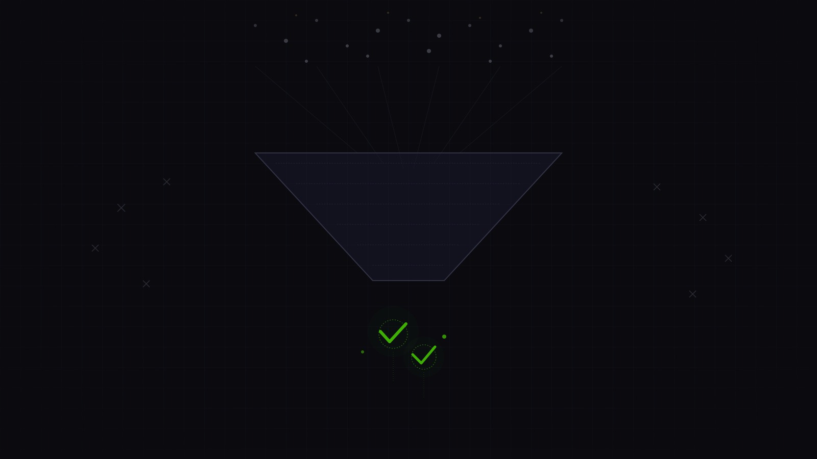 Abstract: raw data pouring into a mesh funnel, most rejected as grey, a few verified items emerging at the bottom glowing green
