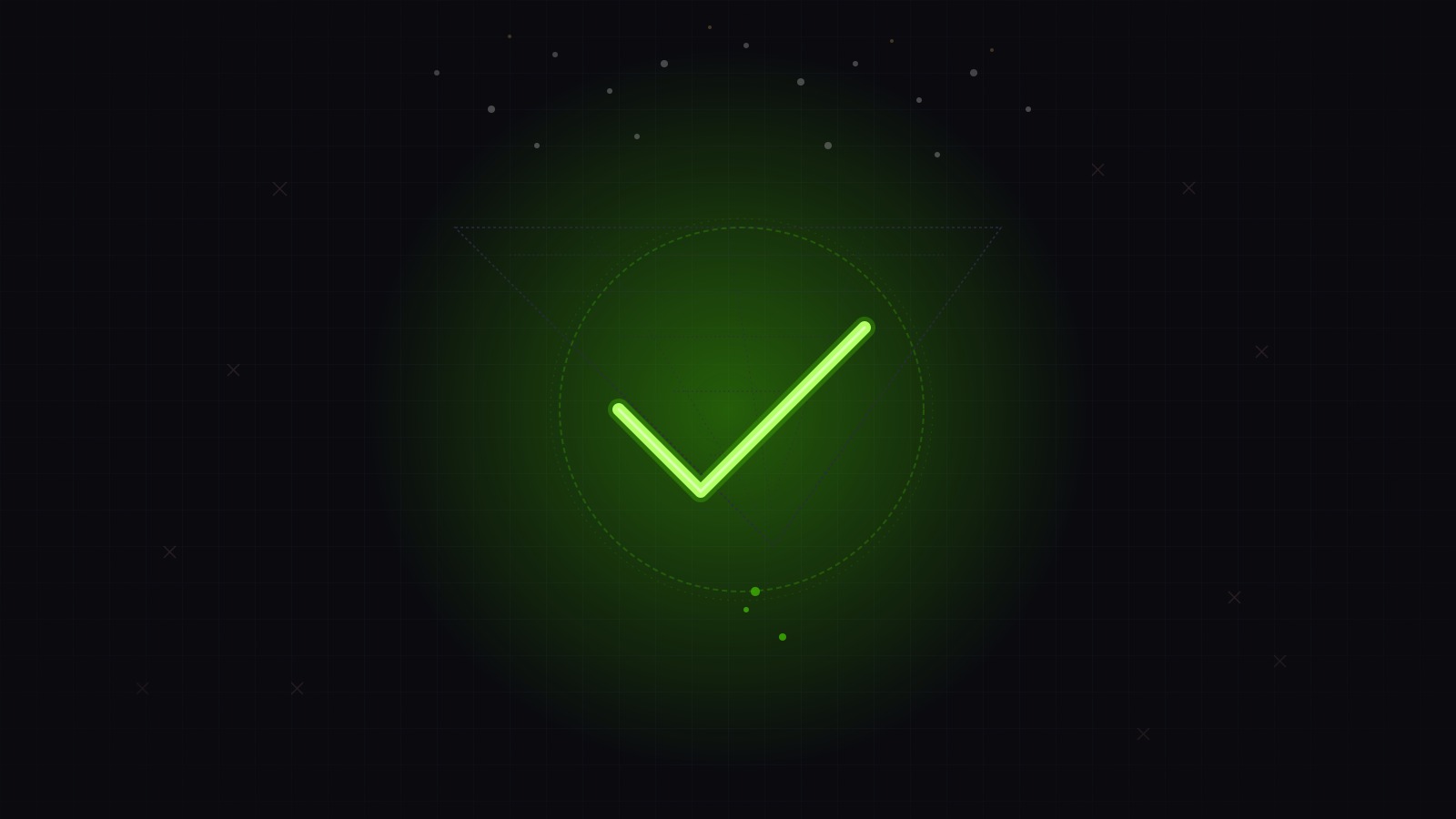 Abstract visualization: a glowing green checkmark at the center of a filtering funnel, raw data fragments rejected around it