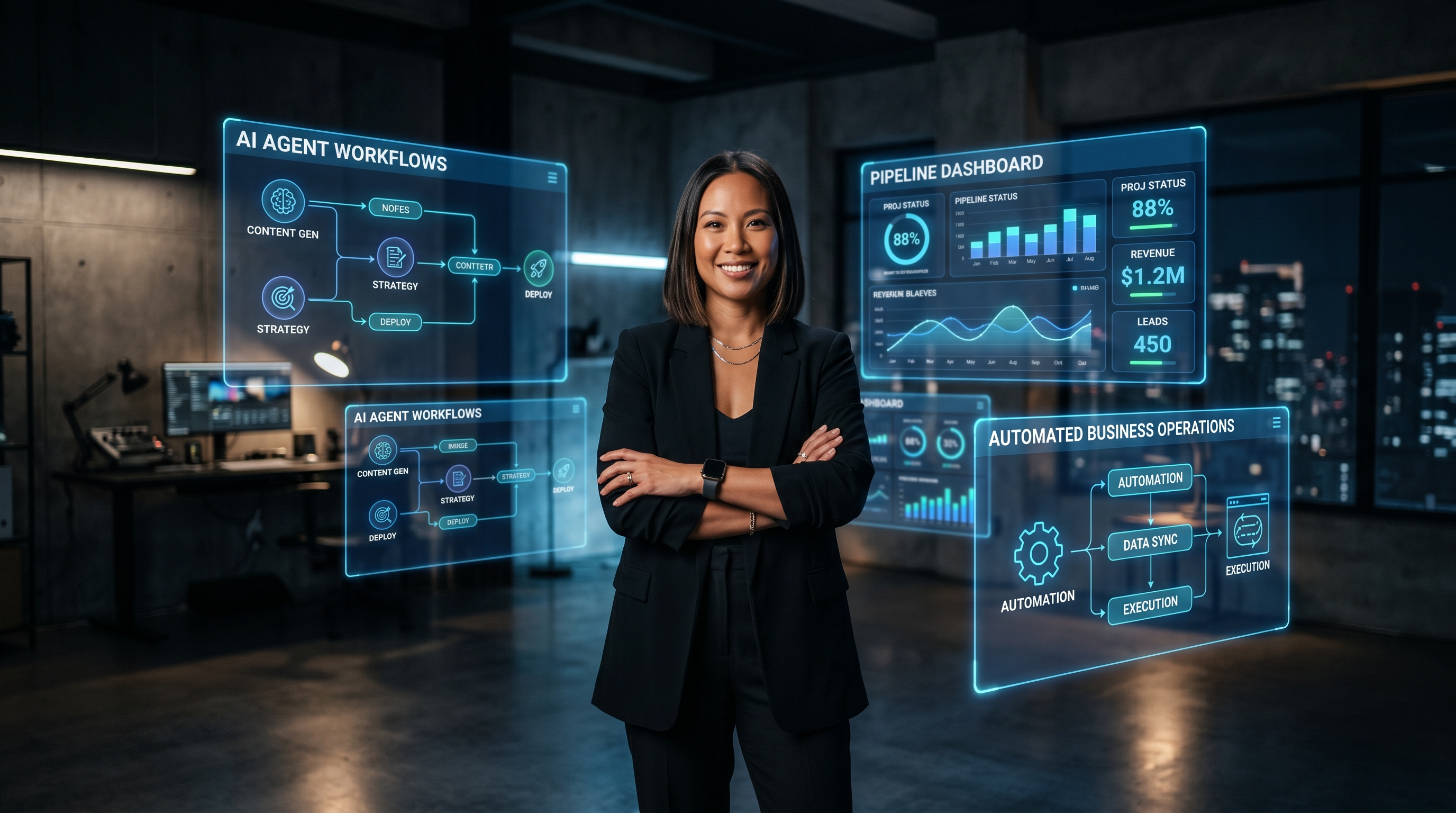 A creative professional in a modern studio surrounded by translucent holographic AI agent workflow panels