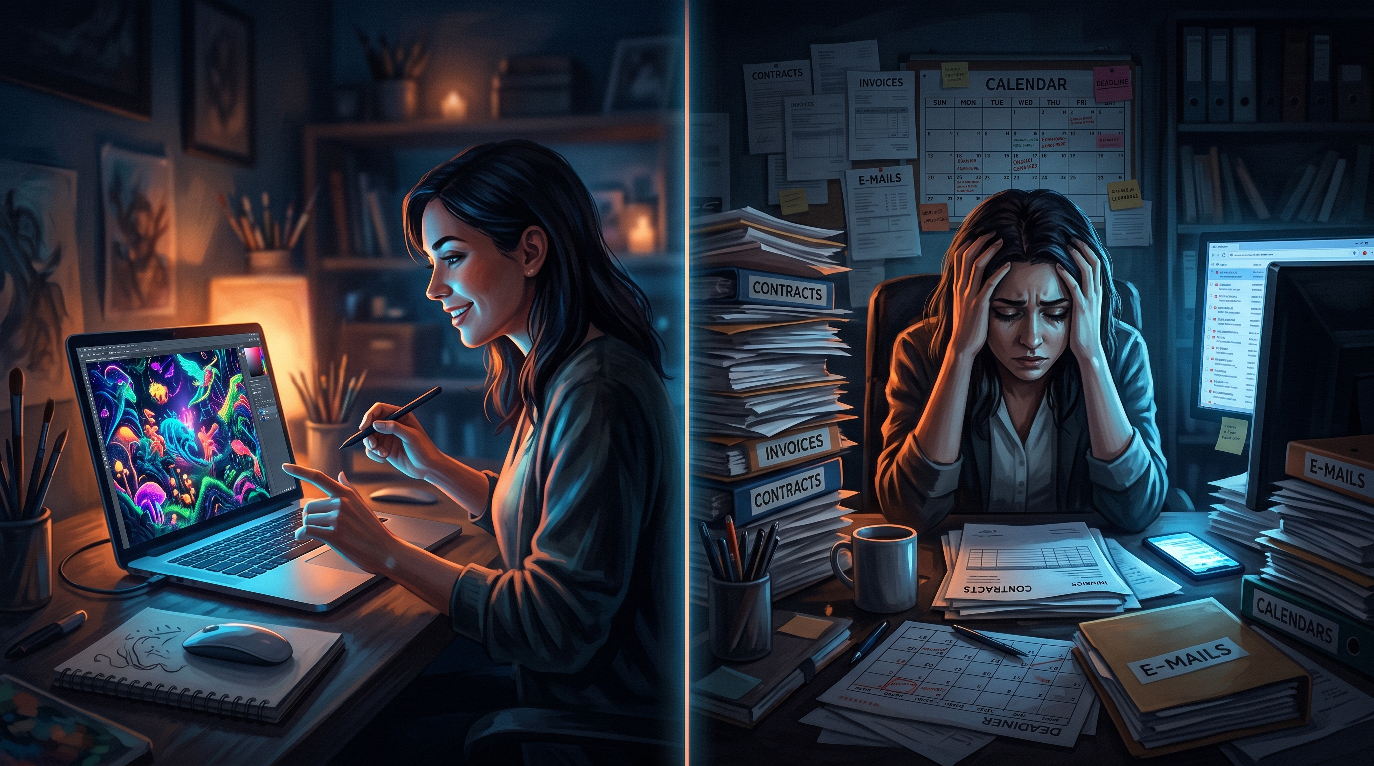 Split image: creative work on one side, overwhelming business operations on the other