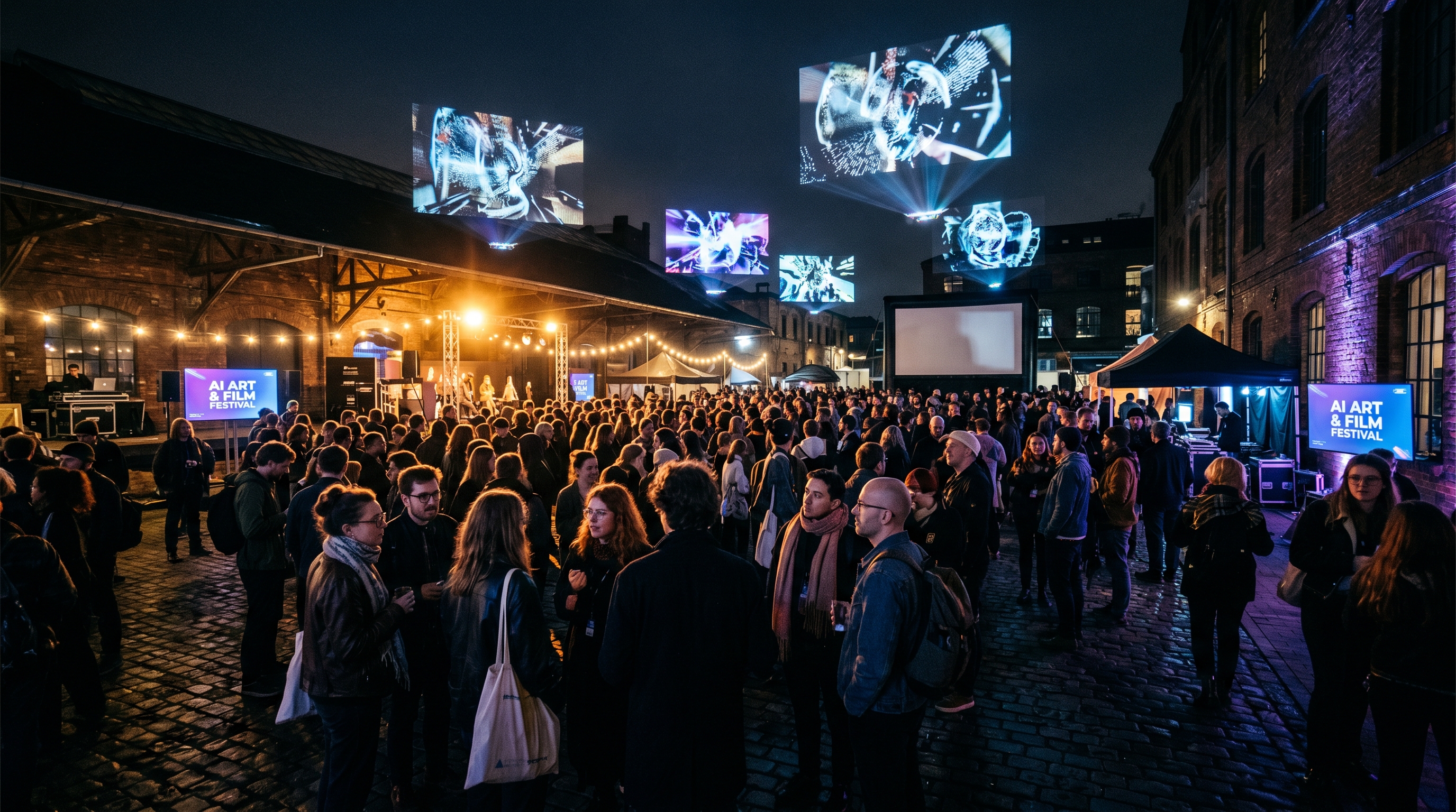Creative professionals gathered at an AI art and film festival, surrounded by holographic AI-generated visual art projections