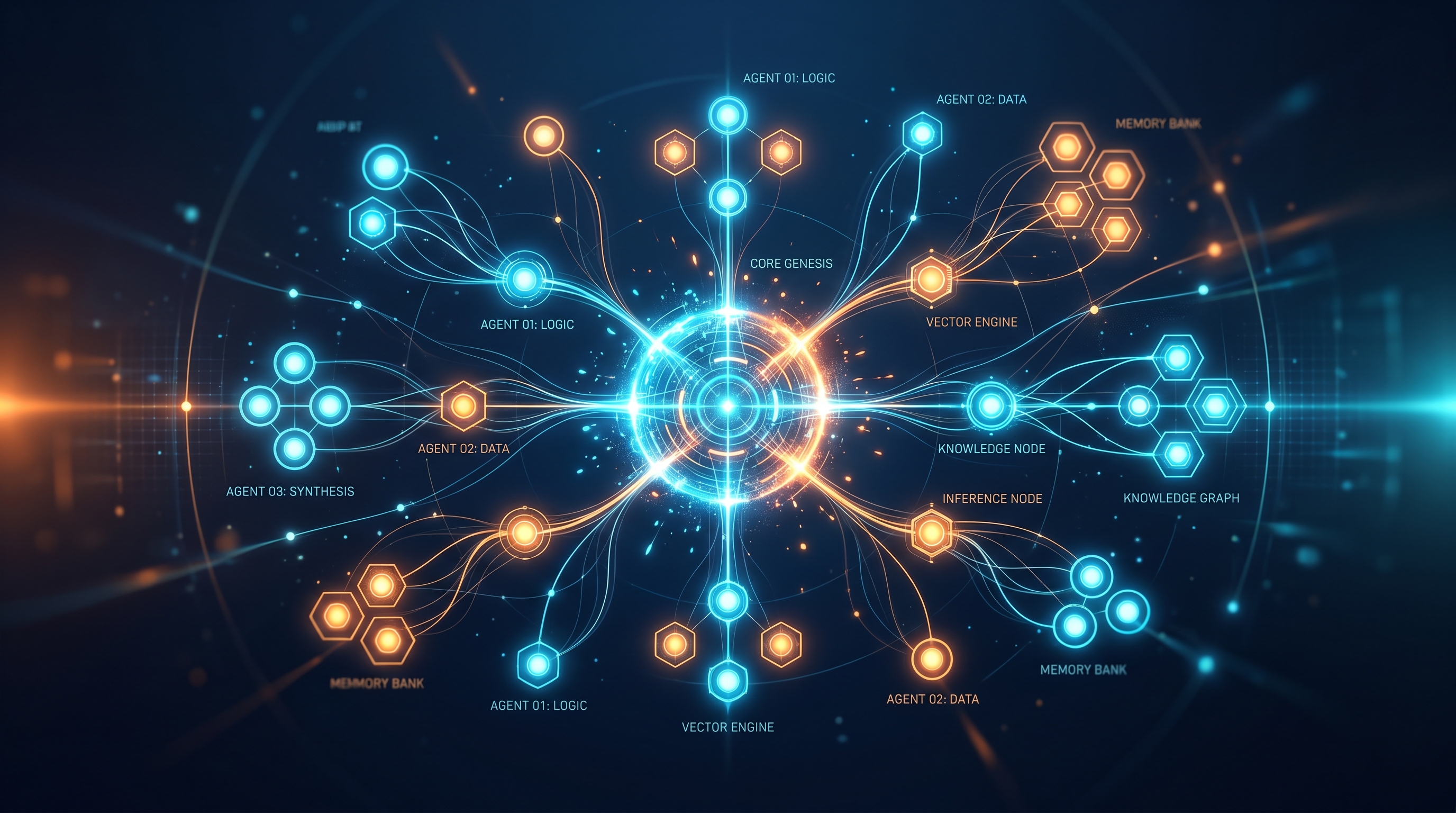Abstract visualization of AI agent infrastructure with glowing connected nodes forming a network